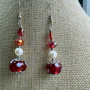Red and White Polka Dot Art Glass and Pearl Earrings